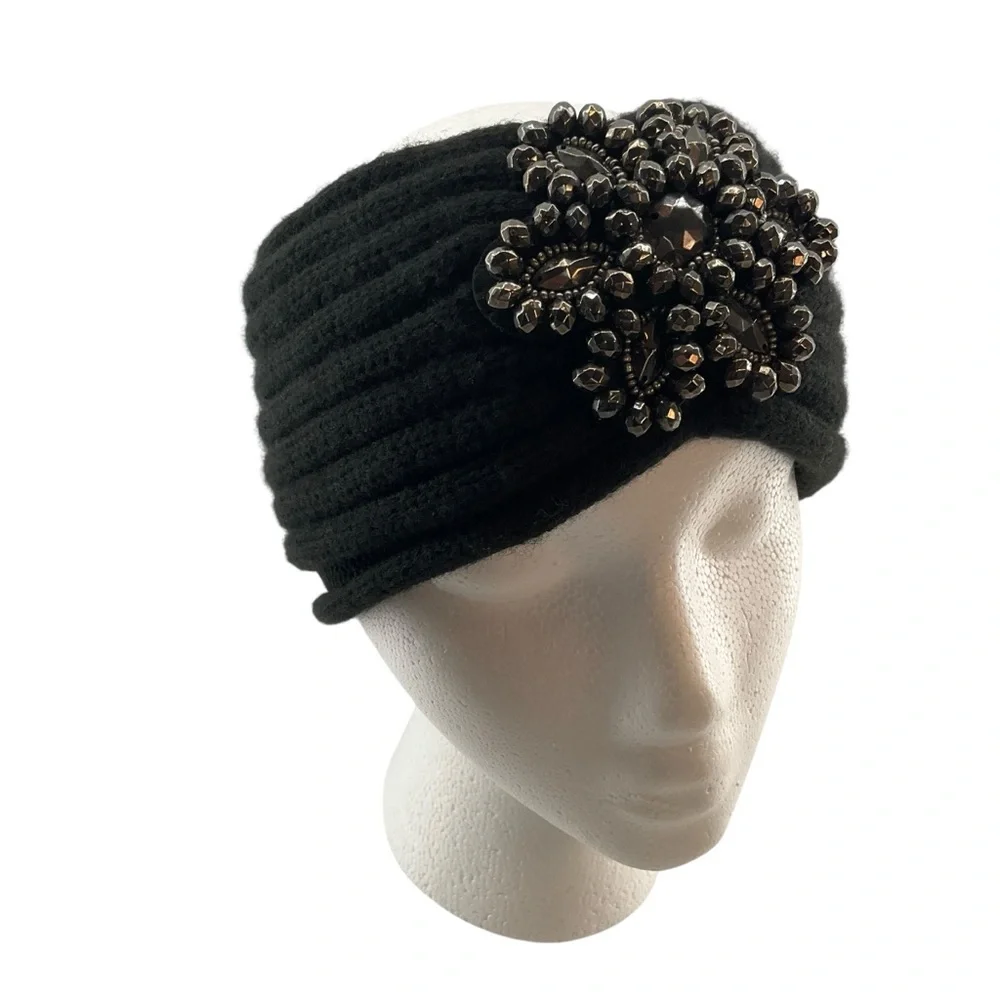 Stylish Black Knit Headband with Beaded Embellishment